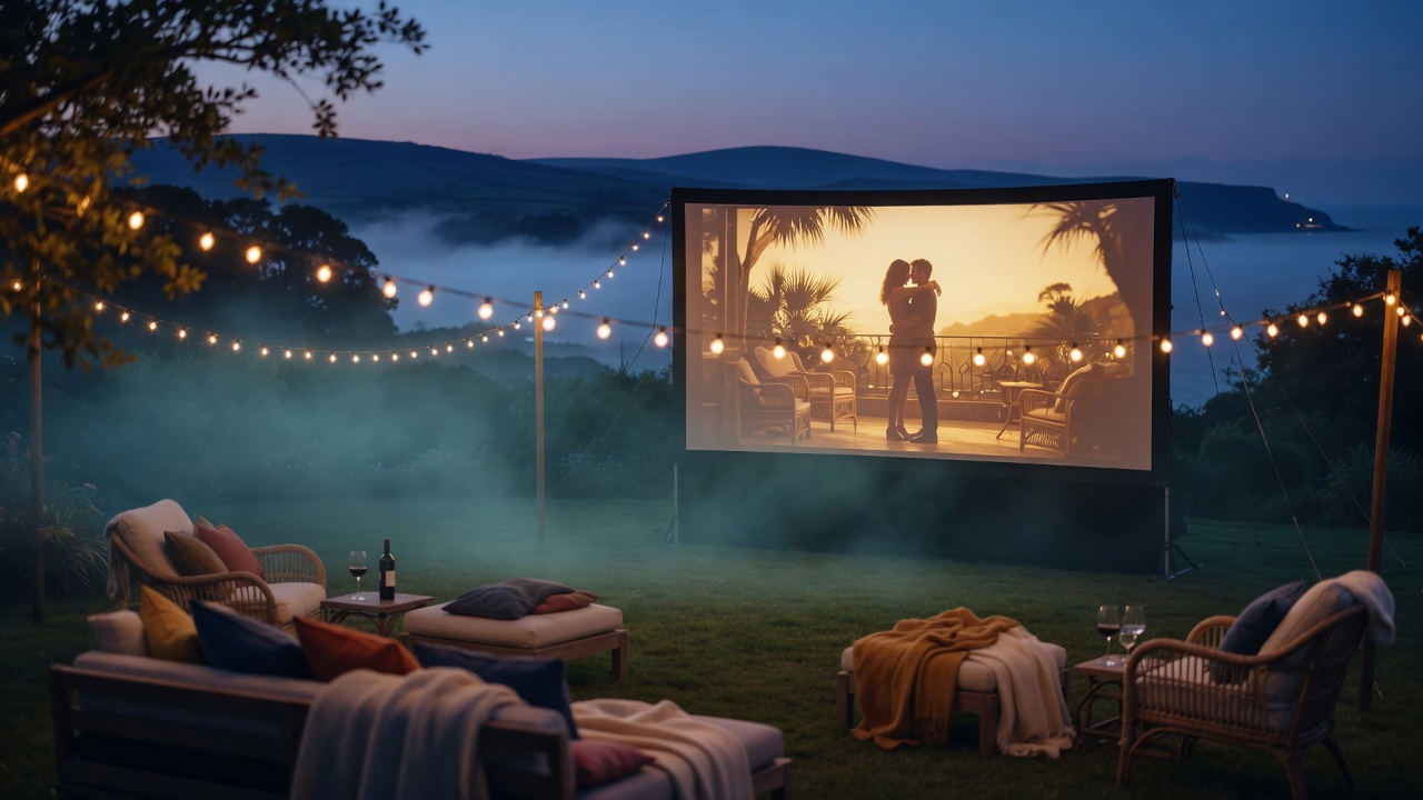 Outdoor garden cinema at dusk with a massive glowing screen